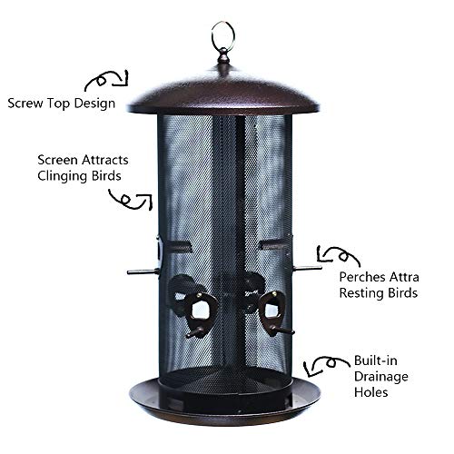 Nature's Rhythm Metal Hopper Bird Feeder Two Chambers，Heavy Duty Mesh Metal Dual Seed Compartments Outdoor Hanging Wild Bird Feeder with 10 Feeding Ports,10lbs Seed Capacity
