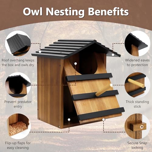 KOOPRO Screech Owl House for Outdoors, Weatherproof Large 14.5"x9.4"x7.8" | Barn Owl Nesting Box Wooden for Outside with Mounting Screws & Natural Shavings, Easy Assembly Required