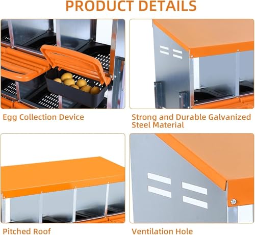 10-Hole Chicken Nesting Box with Removable Lid, Metal Chicken Coops with Roll Away Design/Easy Egg Collection/Ventilation Holes, for Chickens Coops, Duck and Hens - color: Orange, size: 10 holes with legs