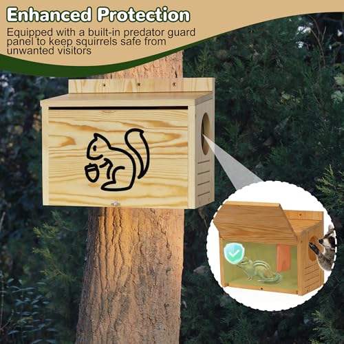 Wooden Squirrel House for Outside | Large Pine Wood Nesting Box with Front Open Panel, Easy Assembly Outdoor Animal Shelter for Backyard, Garden & Trees