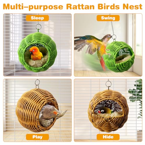 Rattan Birds Nest for Cage Hanging Parakeet House Chewproof Parrot Breeding Bed Small Budgies Hideout Swing Hut Bird Cage Accessories for Lovebirds Cockatiel Conure Finch Canary (Brown)