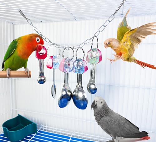 Bird Chew Toys, Parrot Toys, Spoon&Ring Toy for Small/Medium Birds | Steel Chain Spoons, Acrylic Rings, Bird-Safe Toy, Hangs Securely, Mental Stimulation; For Macaws, Cockatoos, Greys & More