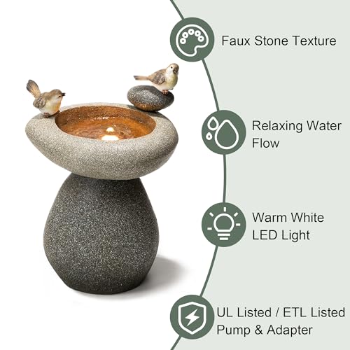 Glitzhome 20.75" H Water Fountain with LED Light and Pump, Zen Style Faux Stone Texture Birdbath Outdoor Fountains with Birds Decor, Floor Fountain for Porch Deck Patio Backyard - color: Faux Stone