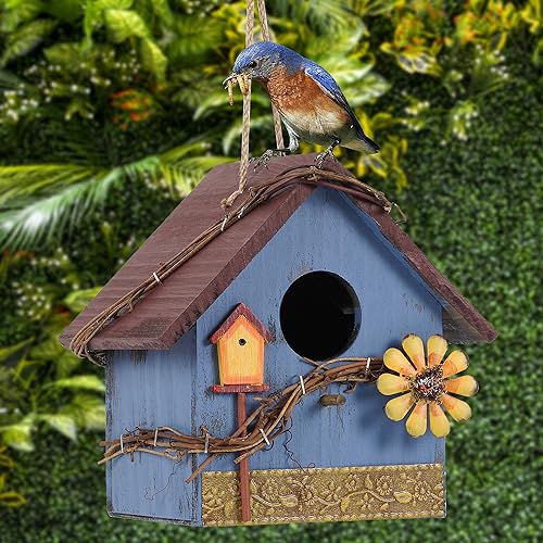 Blue Wooden Hanging Bird House Feeder for Outside Garden Wild Birds | Decorative blue wooden hanging birdhouse feeder nest box for outdoor garden, hummingbird cardinal bluebird bird lovers gift