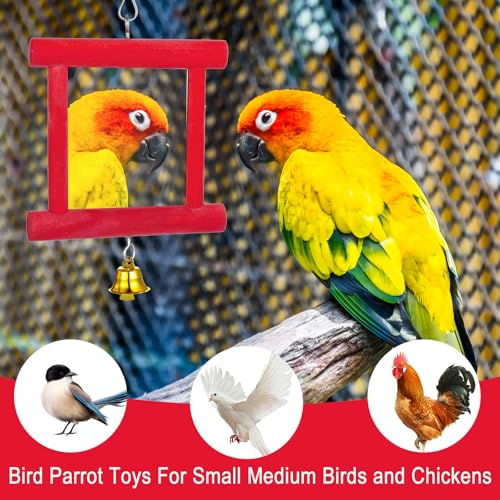 3 Packs Chicken Toys for Coop, Hen Chicken Coop Mirrors Bird Toy with Bells Hanging Parrot Grindstone Bird Beak Stones for Chicks Parrots Birds Hens - color: Red