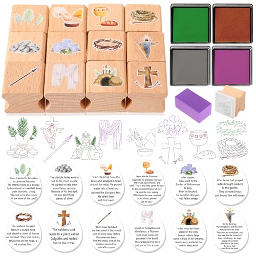 HOWAF Christian Easter Gifts Set, Include 12pcs Resurrection Eggs Stamps and 12 Religious Easter Story Cards for Resurrection Decoration, He is Riren Inking Stamps, Jesus Lives Story Rubber Stampers