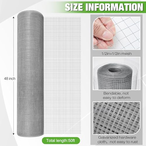 Tatuo Hardware Cloth 1/2 Inch 48in x 50ft Hot Dip Galvanized After Welded Cage Mesh Rolls 21 Gauge Metal Chicken Wire Roll Wire Fencing Poultry Netting for Raised Garden Rodent Animals(Silver) - color: Silver, size: 48in X 50ft