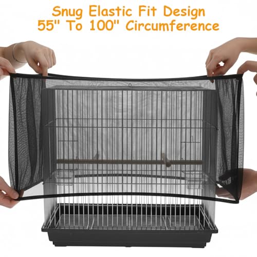 Adjustable Bird Cage Seed Catcher, Black Bird Cage Net Birdcage Cover Skirt Nylon Mesh Netting, Stretchy Birds Cages Guard for Parrot Parakeet Macaw African Any Cages Cover