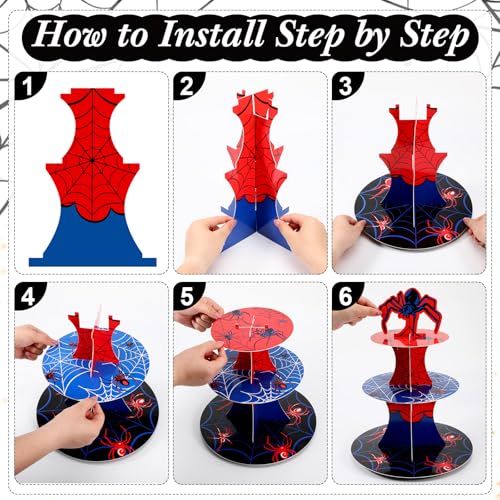 3 Tier Spider Cupcake Stand Spider Birthday Party Decorations Cupcake Tower Hero Theme Cake Holder Hero Dessert Holder Table Display for Birthday Baby Shower Party Supplies - style: Spider web