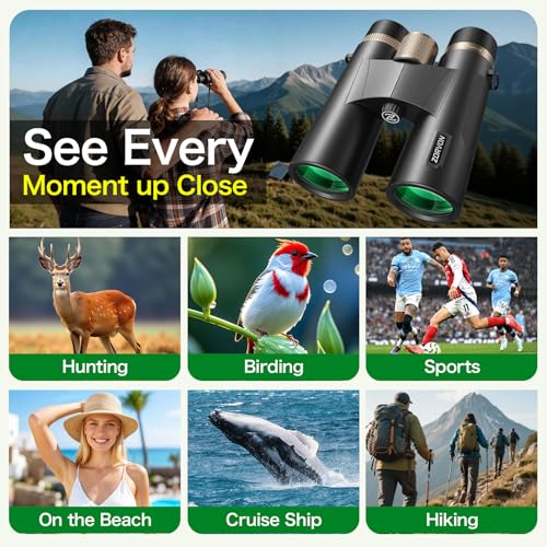 10x42 HD Binoculars for Adults, High Powered Binoculars with BAK4 Prism, Low Light Vision, Easy Focus, Waterproof Binoculars with Large Eyepiece for Bird Watching, Alaska Cruise, Hiking, Hunting - color: Black