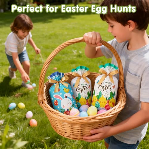 JOINDO 50 PCS Easter Bags, 6" x 9" Easter Goodie bags fit Treats and Small Gifts, Ribbon Drawstring Fast Packaging & Easy Use, Stand up Bottom, Opaque, 3 Patterns - color: Pattern 1