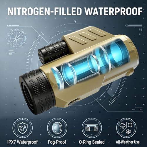 Waterproof Monocular Telescope | Lightweight with Travel Bag, Compact, 12X Magnification, Wide Field of View for Bird Watching, Hunting, Hiking, Camping (12x32, Desert Color) - color: Desert color