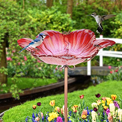 26" Glass Bird Bath, Outdoor Birdbath Bird Feeder Red Flower Metal Stake | Bird Bath for Outside with Stable Metal Stake, Attracts Birds for Bathing and Adds Elegant Outdoor Garden Decor - color: Red