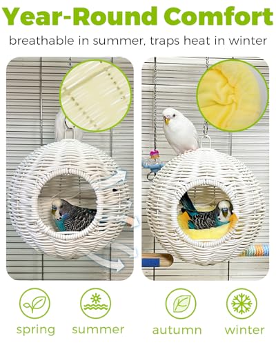 Chewproof Steel Frame Bird Nest for Cage, Washable Small Bed Hammock | Bird Hideout Lay Eggs Parakeet Nest Sleep Rest, Parakeet Warm Bed House Hut for Lovebird, Canary, Budgie, with Cushion - color: S-Long Chain-white for Small Birds