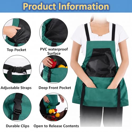 Garden Apron,Harvest Aprons with Drawstring Bag and Pockets for Women and Men,Canvas Fruit Picking Apron