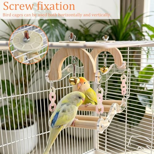 Bird Swing for Cage, Wooden Parakeet Swing Perch Toy with Clear Acrylic Wavy Bridge, Bell and Hanging Chains, Bird Cage Accessories for Budgies, Cockatiels, Lovebirds and Conures