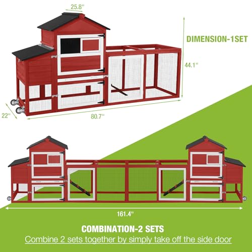 GUTINNEEN Chicken Coop Mobile Hen House On Wheels Easy to Move Wooden Poultry Cage with Nesting Box,Opening Wire Netting Roof,Red - color: Red