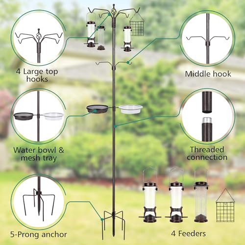 YINGYM Bird Feeding Station Kit, 94 Inch Bird Feeder Pole for Outdoors | 6-Hook Bird Feeder Stand with 4 Feeders, Metal Suet, Bath Tray and 5-Prong Base, Easy Assembly for Wild Birds Watching - size: 94 Inch without Squirrel Baffle