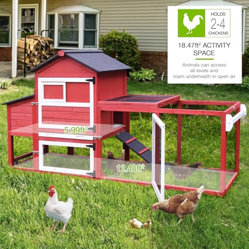 GUTINNEEN Chicken Coop Mobile Hen House On Wheels Easy to Move Wooden Poultry Cage with Nesting Box,Opening Wire Netting Roof,Red - color: Red