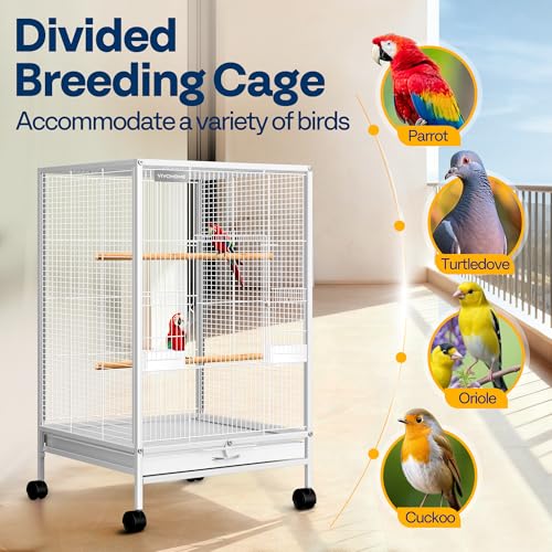 VIVOHOME Wrought Iron Bird Cage with Rolling Stand, 30 Inch Height | Standing Bird Flight Cage with Casters, Slide-out Tray for Parakeets Cockatiels Lovebirds Canaries Finches Conures, Whtie - color: White