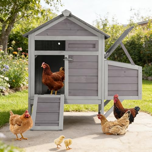 Small Chicken Coop with 2 Nesting Boxes, Waterproof Wooden Hen House for 1-2 Chickens, Poultry Hutch with Wildlife-Proof Latches, Elevated Design & Roosting Bar for Backyard Urban Farm (Grey) - color: Grey, size: 41.0"L x 23.0"W x 38.0"H