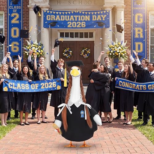 Abbylike Graduation Porch Goose Outfits Graduation Cap with Gold Tassel and Wig Yard Goose Costume Clothes Fits Large 23'' Cement for Garden Yard Statue Lawn Pathway Decorations - style: Graduation