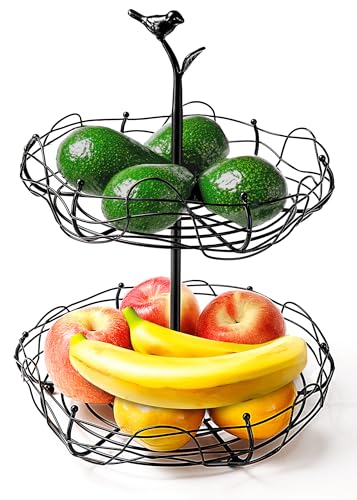 2-Tier Fruit Basket with Bird Nest Design - Charming Bird Handle, Multi-Functional Fruit and Vegetable Organizer for Kitchen Counter and Tabletop, Perfect Blend of Style and Practicality