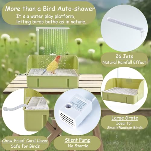 Bird Bath,Automatic Parrot Shower Bath, Birds Shower Bathtub, Birdcage, & Bird Perch with Feeder and Chew Toys Pinecones for Small Medium Birds, Parakeet Budgies Cockatiels Conures Finches, Lovebirds
