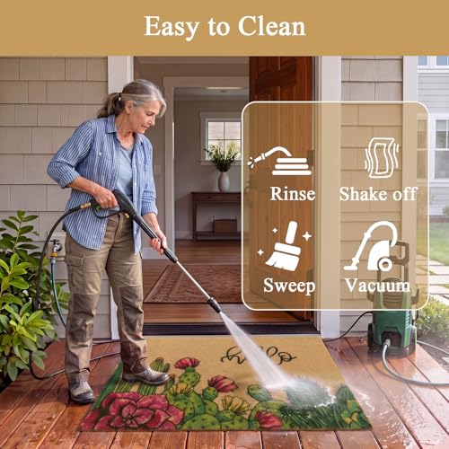 SHACOS 2x3ft Artificial Coir Door Mat, Hello Cactus | Non-Slip, Dirt Trapping, Low Pile 0.3", Welcome Doormat, Front Door Porch Entryway Patio Entrance - color: Hello Cactus, size: 2x3ft