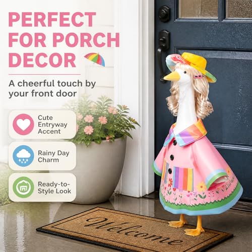 4 Pcs Porch Goose Raincoat with Wigs, Outfits and Clothes, Spring Summer Goose Statue Raincoat Costume, 23" Geese Statue Clothes for Patio Yard Lawn Outdoor Decor - color: Pink Garden Raincoat