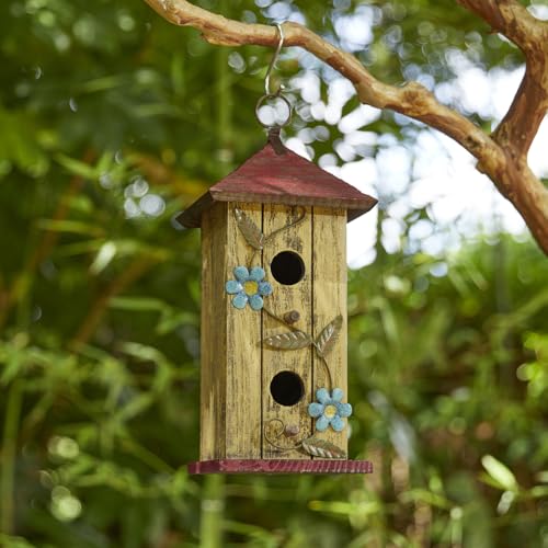 Glitzhome Bird Houses for Outside,11.75"H Solid Wood Hanging Birdhouse,Washed Yellow Distressed Decorative Outdoor Garden Birdhouses with 3D Metal Flower for Swallow Sparrow Hummingbird Finch Cardinal - color: 11.75"H