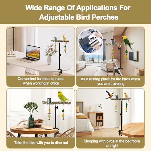 18-27 Inch Height Adjustable Bird Perch Pepper Wood Desktop Bird Training Perch Stand with Feeding Cups and Swing Toy Parakeet Perches Indoor and Outdoor Parrot Stand for Small to Medium Birds - size: Desktop Bird Perch with Feeding Cup