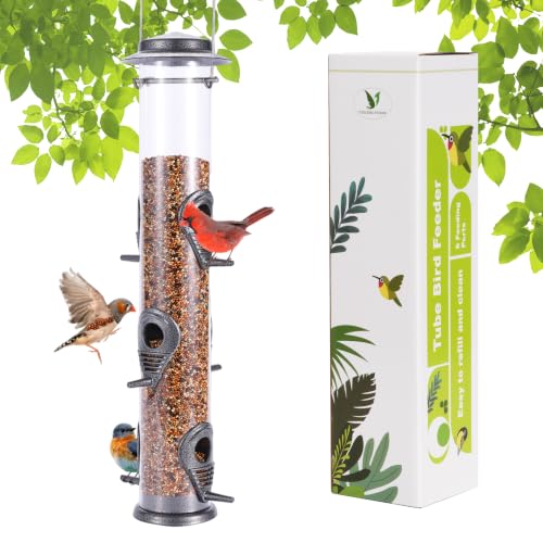 1PK Metal Wild Bird Feeder,Squirrel Proof Bird Feeders for Outside,Hanging 6 Port Tube Bird Feeder Transparent Finch Bird Feeder for Attracting Birds in Your Lawn, Garden, Balcony-Gray - color: Gray