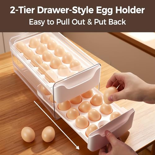 Egg-Holder for Fridge, Fits Small to Large Eggs, White | 36 Egg-Storage for Refrigerator Countertop, 2 Tier Dispenser with Drawer, Stackable Clear Egg Tray Container - size: 2 Tier-White