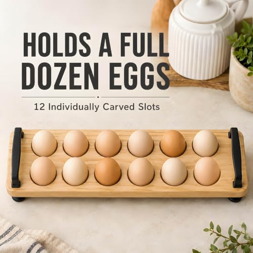 Wooden Egg Holder for Countertop, 12 Eggs Farmhouse Storage Tray | Natural solid pine wood, waterproof coating, rustic countertop egg storage display, black iron handles with ball feet