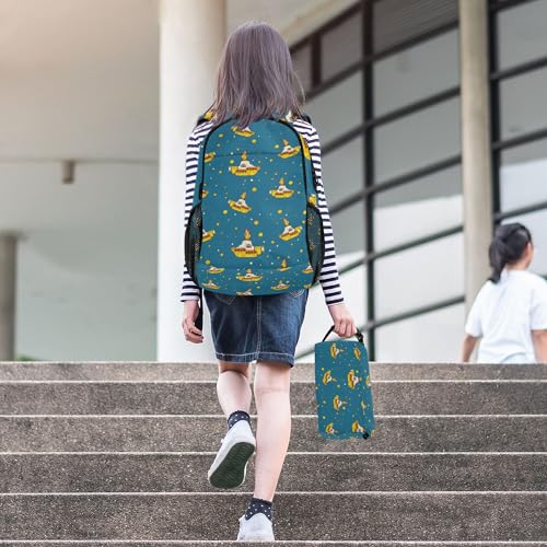 Yellow Submarine Backpack with Lunch Bag, School Travel Backpack for Teens Boys Girls Kids Backpacks Set - color: Yellow and Blue