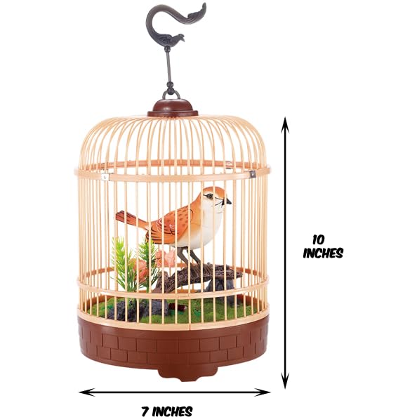PowerTRC Singing & Chirping Bird in Cage, Realistic Sounds & Movements, Sound Activated, Battery Operated, Great Desk and Room Accessory, Pet Caged Bird Toy (10” x 7”) - color: #4 Orange