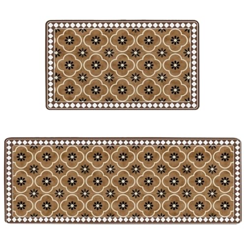 Classic Quatrefoil Anti Fatigue Kitchen Rugs, 17.3"x47"+17.3"x29" | Non Slip Comfort Washable Waterproof Floor Kitchen Decor Mat, Warm Brown Rug Set of 2 for Home, Sink, Laundry - color: Warm Brown