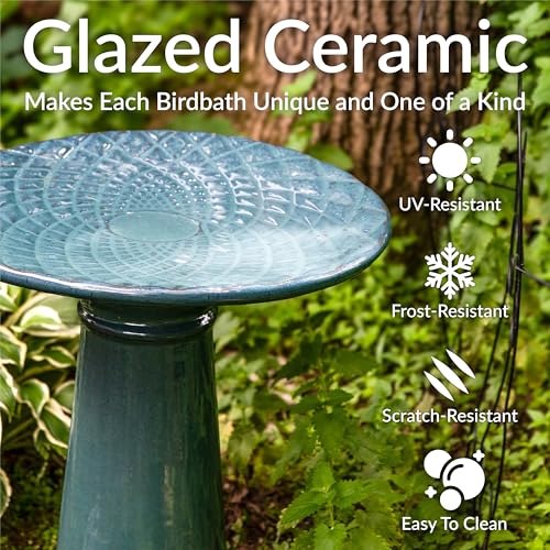 Sunnydaze Outdoor Ceramic Bird Bath, 22.5” H, Glazed Bowl, Turquoise Finish | 2-Piece Birdbath, 6 Cup Water Capacity, UV & Frost-Resistant, Easy Assembly, Shallow Bird Bath Bowl with Pedestal for Garden - style: Turquoise Glazed with Glazed Pedestal
