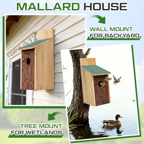 Yaocom 22.8 x 14.6 x 11.0 Inch Wooden Duck Nesting Box with Bark Door Asphalt Roof Waterproof Camouflage Duck House for Outside Tree Wall & Pole Installation