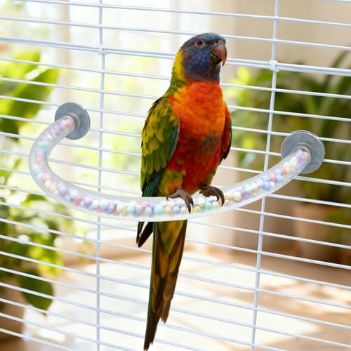 Bird Cage Accessories, 2 Pack Plastic Transparent Perch with Colorful Beads Inside, Bird Perches for Cage, Perch for Budgies, Cockatiels, Lovebirds, Green Cheeks, Small to Medium Birds