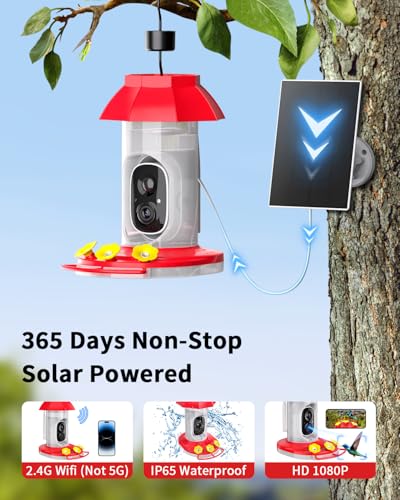 Smart Hummingbird Feeder with Camera, Solar Powered, AI Recognition | Bird Watching Camera for Outdoors, Live Videos, Ant Moat, Bee Proof, Nature Gifts for Bird Lovers - color: Red