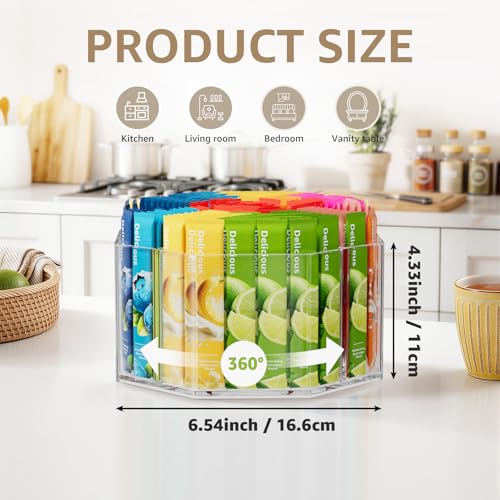 Divided Drink Packet Organizer, Octagonal 5 Compartment Clear Lazy Susan | Lazy Susan Turntable, Rotating Storage Organizer for Powdered Drink Mix, Water Flavor Packets, Coffee, Tea, Spices - size: 1 Pack - 5 Section