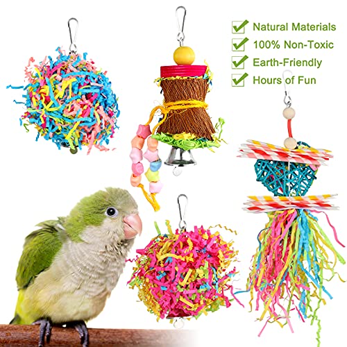 YUEPET 4 Pack Bird Shredder Toys, Foraging Toy for Birds | Paper Strips for Shredding, Small Parrot Chew Toys, Cage Hanging Hooks, For Budgies, Parakeets, Lovebirds & Cockatiels