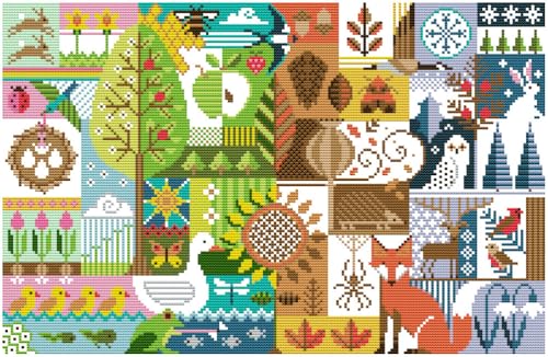 Meecaa Cross Stitch Kits 14 Count Stamped, Tree Bird Animal Building Fox Seasons Embroidery Kit with Accessories Pre Printed (Four Seasons) - color: Four Seasons
