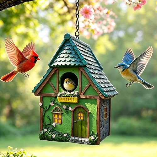 Resin Green House Hanging Bird House for Outside, Hand-Painted Resin Birdhouse with Flower & Vine Details, Weatherback Bird Hut for Garden, Patio, Tree Decor, Bird Nest for Small Wild Birds