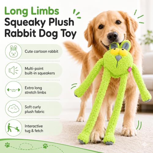 Squeaky Dog Plush Chew Toy, Interactive Tug Squeaky Toy for Chewers, Medium & Large Dogs, 31.5 Inch Stuffed Swinging Rabbit Toy with Stretchable Limbs for Gum Care & Boredom Relief, Neon-Green - color: Neon Green (Swinging Rabbit)