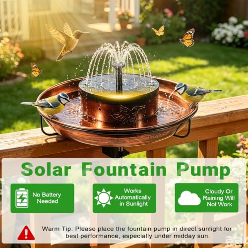 Deck Mounted Metal Bird Bath with Solar Fountain, Oval Clamp-On Bird Bath for Railing up to 3.9 Inch, Adjustable Balcony Birdbath for Patio Garden Yard Deck