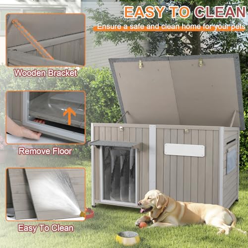 Outdoor Dog House Weatherproof, Wooden Puppy Shelter with Anti-Chewing Iron Frame and Elevated Floor, Sturdy Dog Kennel for Small, Medium & Large Dogs (Gray, 51" L x 29" W x 32" H) - size: 51" L x 29" W x 32" H