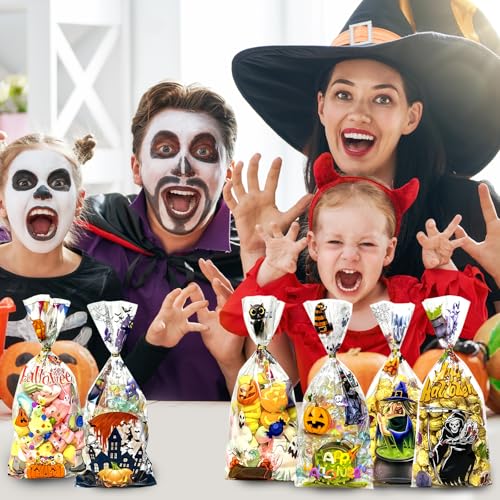 QOIUSO 100 PCS Halloween Clear Cellophane Treat Bags: Clear Candy Bags with 110 Twist Ties for Gooide Cookies Gifts and Party Favors Packaging, Halloween Trick or Treat Party Supplies - 6 Style - color: Halloween-100pcs